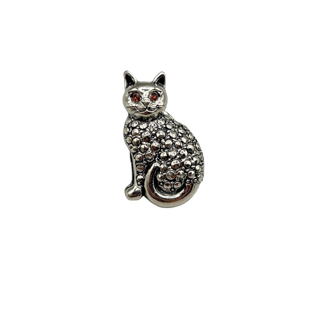 Vintage Cat Tack Pin Faux Marcasite Rhinestones & Red Eyes Brooch Silver Tone